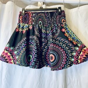 Coline Womens Sz One Size (FS) Flowy Smocked Waist Vibrant Mándala Boho Skirt
